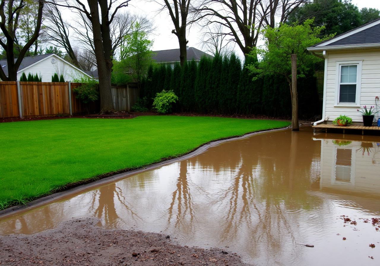 Before drainage installation, flooded yard with standing water